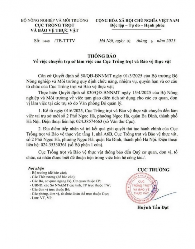 Cục Trồng trọt và Bảo vệ thực vật chuyển trụ sở làm việc