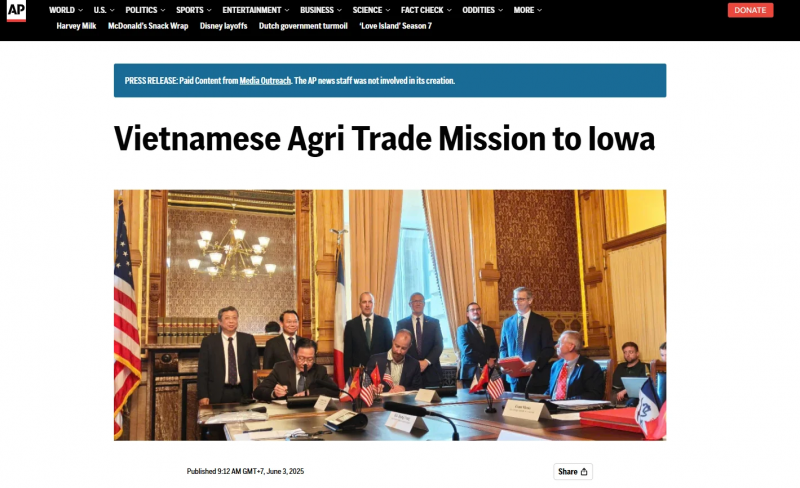 Thông tấn quốc tế đồng loạt đưa tin về hợp tác nông nghiệp Việt - Mỹ