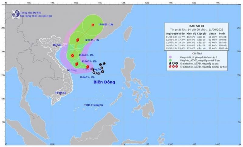 Bão số 1 di chuyển theo hướng Tây Tây Bắc, gây mưa lớn tại Trung Trung Bộ, bắc Tây Nguyên