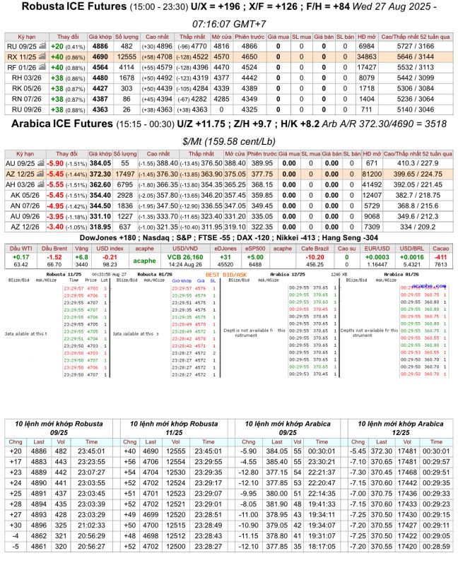 Giá cà phê trên sàn kỳ hạn chốt phiên 26/8/2025